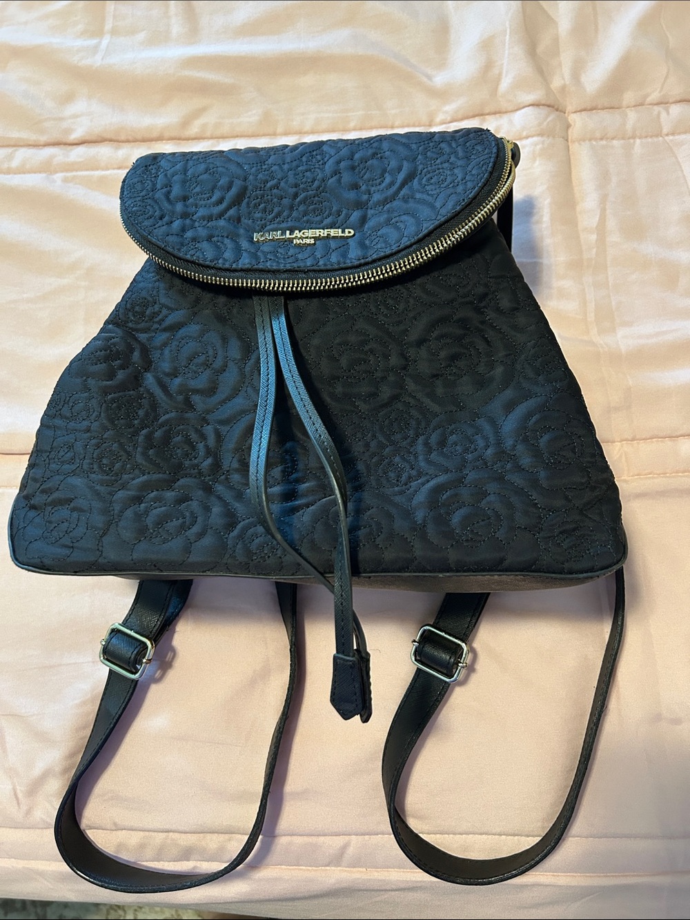 Karl Lagerfeld Black Quilted Floral-Embossed Backpack